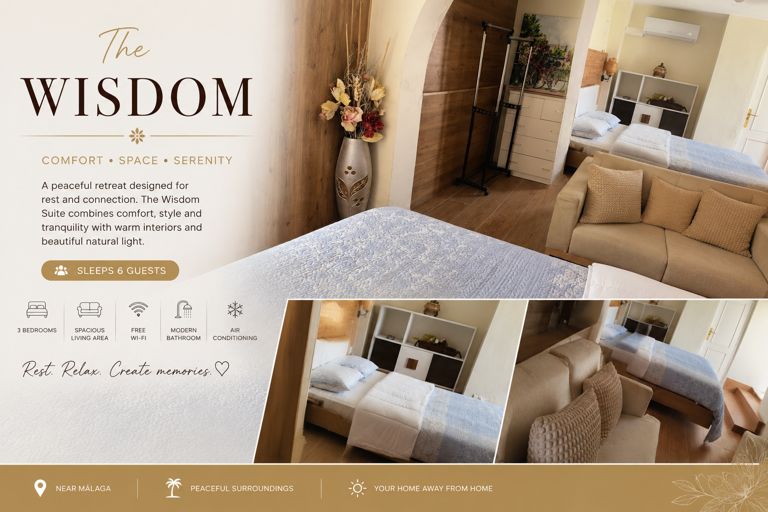 Flyer advertising a peaceful retreat called The Wisdom Suite, featuring images of a cozy bedroom with a bed, sofa, and natural light, with icons indicating 3 bedrooms, spacious living area, free Wi-Fi, modern bathroom, air conditioning, and location near Málaga.
