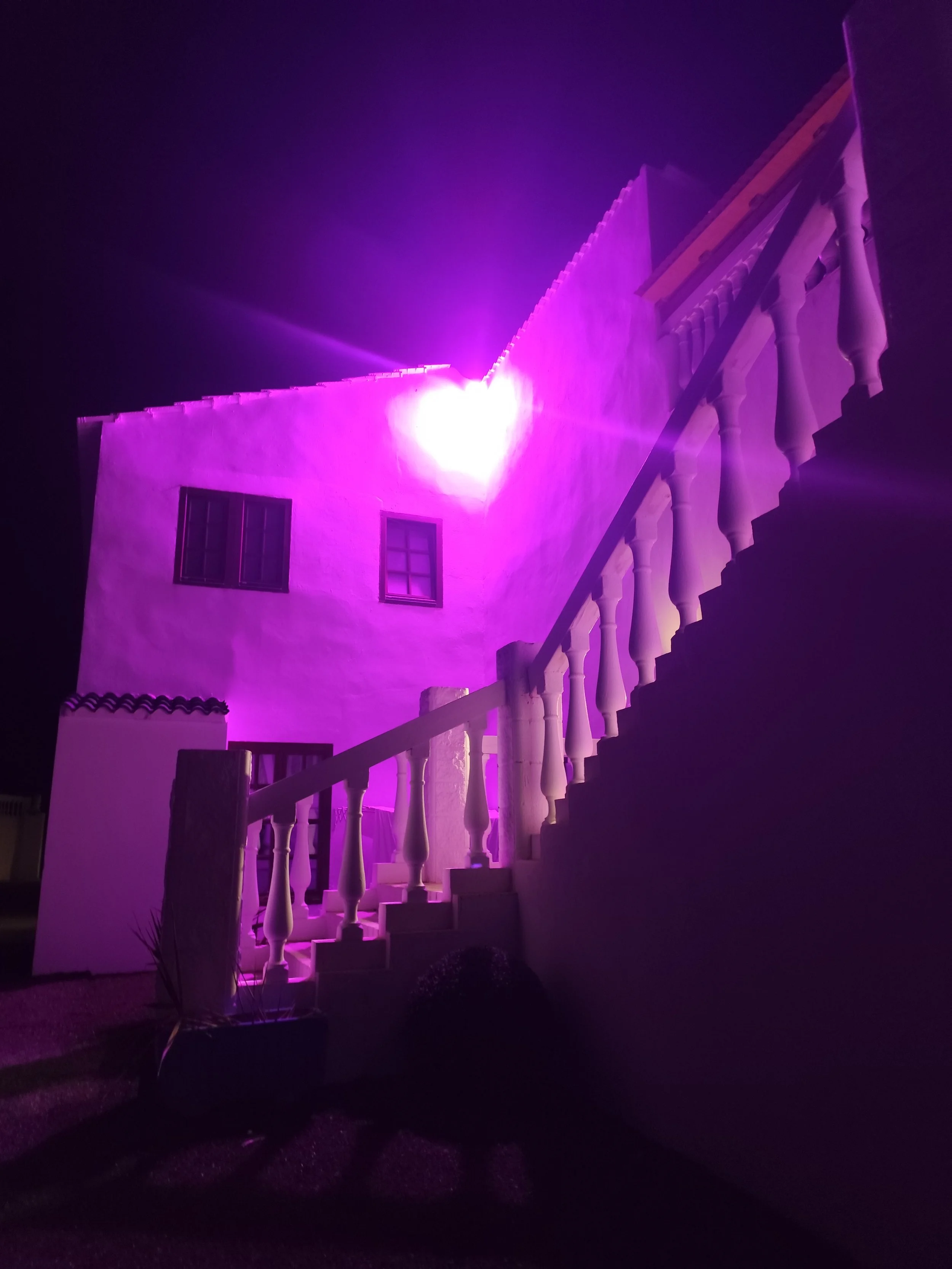 As night falls, the bride's stairs transform into a stunning focal point, illuminated by soft purple lighting that shifts and changes, creating a dreamy, romantic glow. This enchanting play of light adds depth and elegance to the scene, turning every