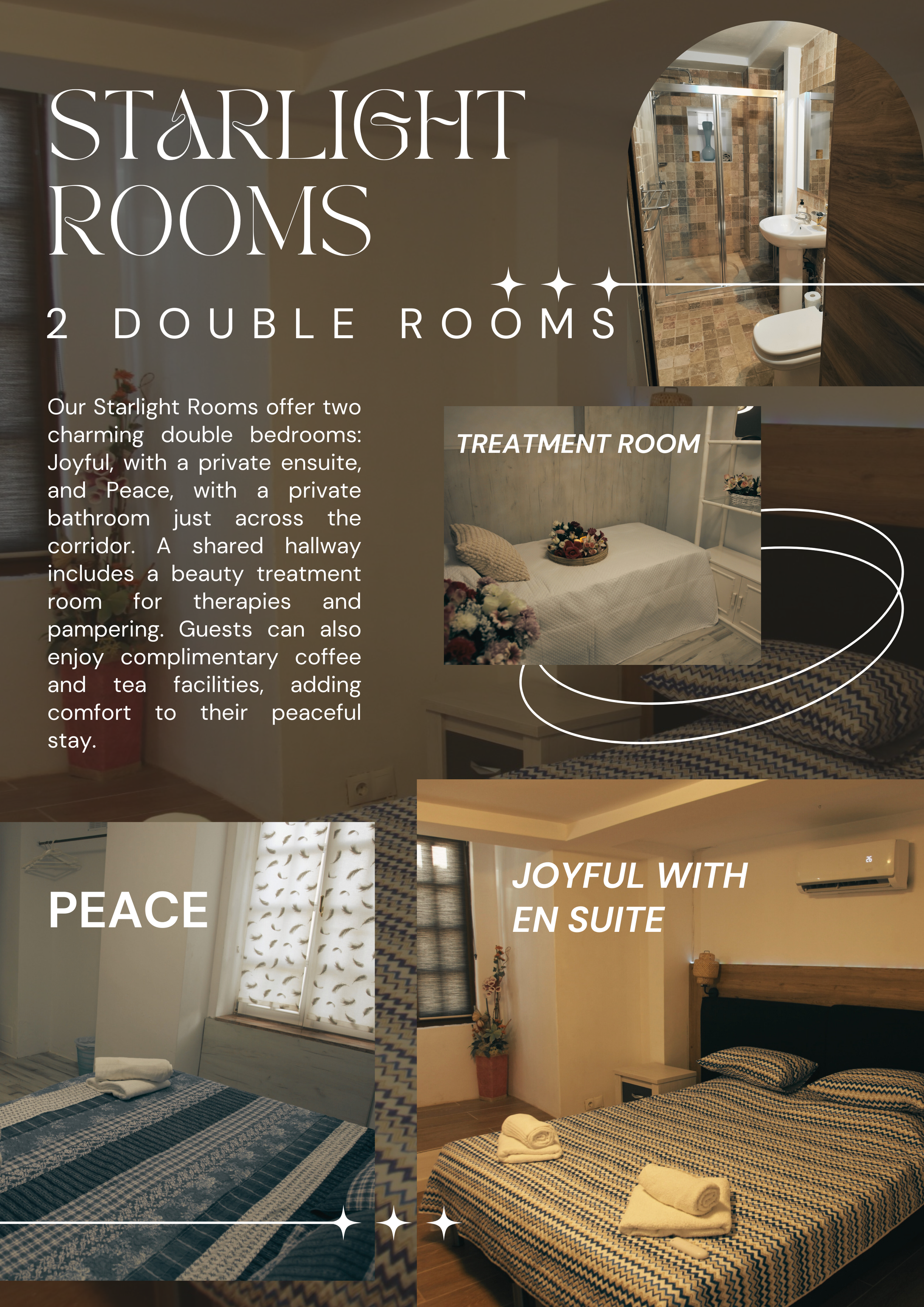 Tucked beneath the stars, our Starlight Rooms offer an intimate and tranquil escape. With two elegant double rooms and a dedicated massage and treatment space, this area is designed for both relaxation and preparation. Brides and guests alike can enj