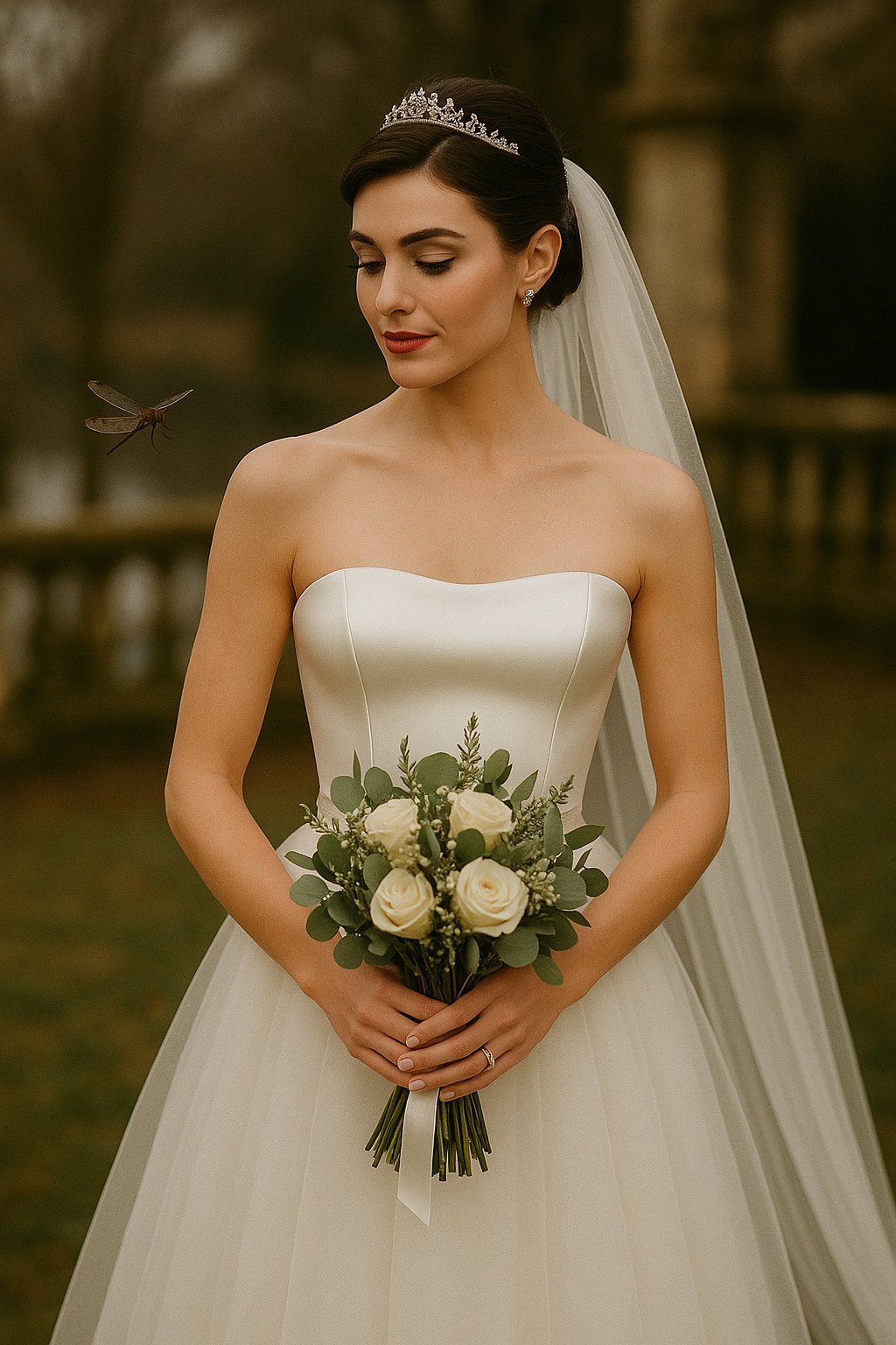 A bride wearing a strapless white wedding dress, tiara, and veil holding a bouquet of white roses and greenery, standing outdoors.