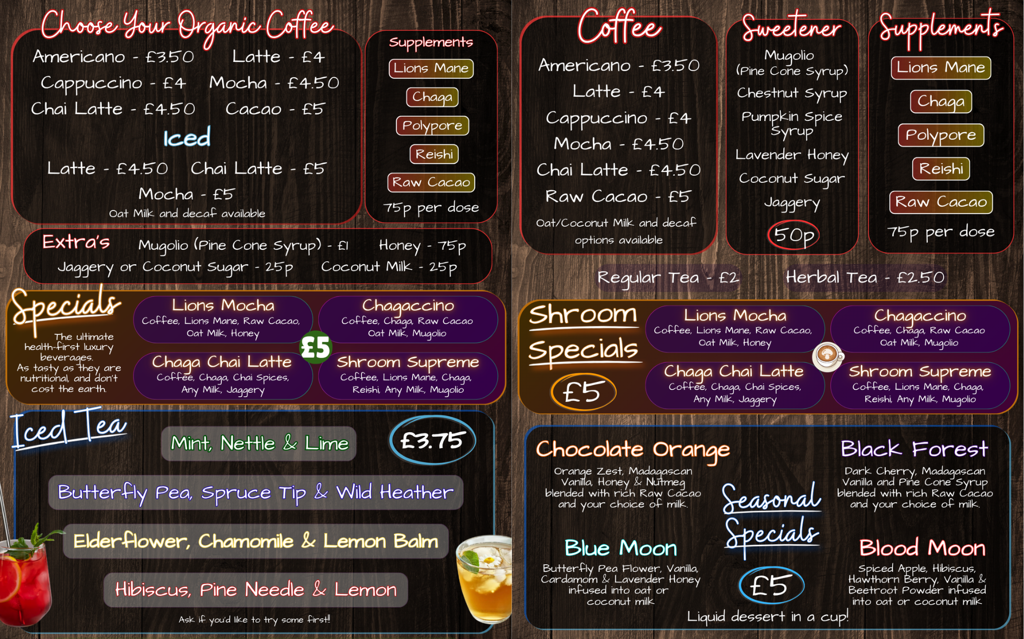 KindRoots Drinks Menu Coffee Tea Mushroom Brew Iced Tea Hot Chocolate