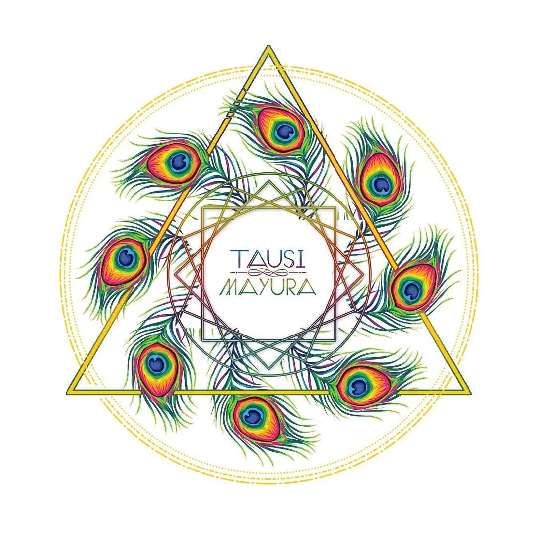 Colorful digital graphic design featuring peacock feathers arranged in a circle with geometric patterns and the text 'TAUSI MAYURA' in the center.