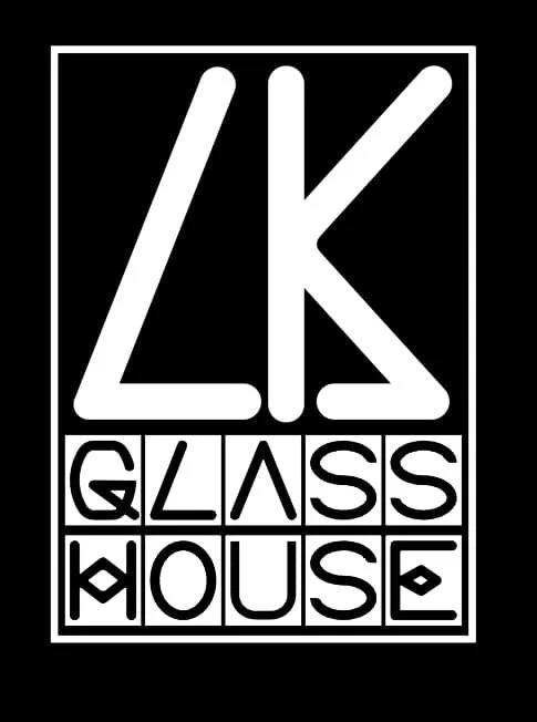 Logo for LK Glass House with stylized letters 'LK' above the words 'GLASS HOUSE' in a grid pattern.