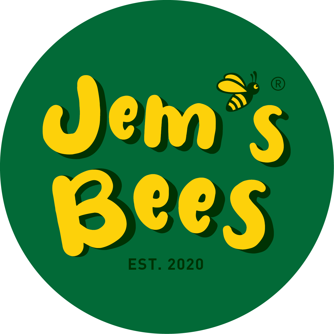Logo for Jem's Bees, featuring yellow text on a green background with a bee illustration.