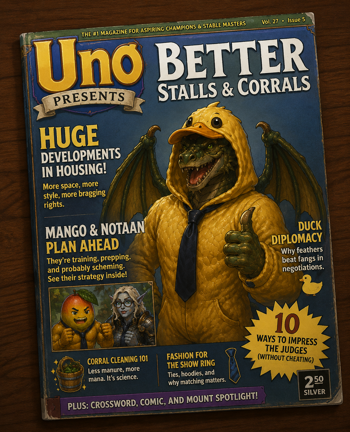 Cover of a magazine titled 'Uno Presents Better Stall & Corrals,' featuring a dragon dressed in a yellow duck costume with a tie, giving a thumbs-up. The magazine includes headlines about housing developments, strategy planning, duck diplomacy, corral cleaning, and fashion for the show ring, with additional smaller images and text on the cover.