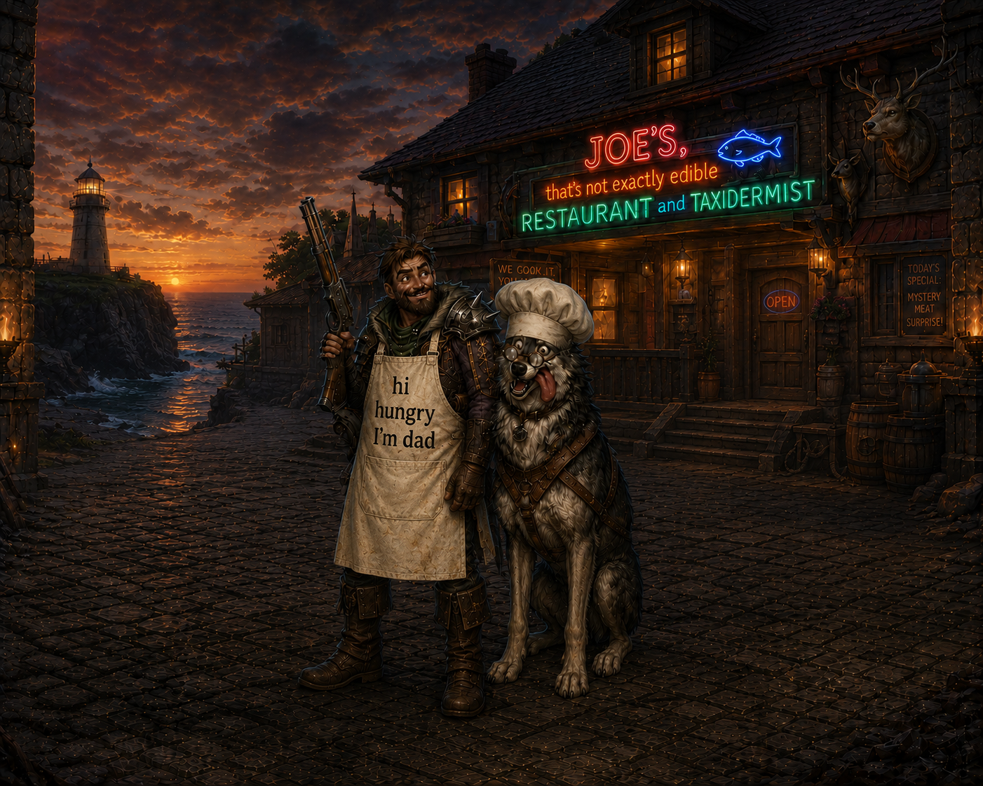A man in medieval armor with a gun, wearing an apron that says 'hi hungry I'm dad', standing with a dog dressed as a chef with a hat outside a rustic restaurant at sunset.