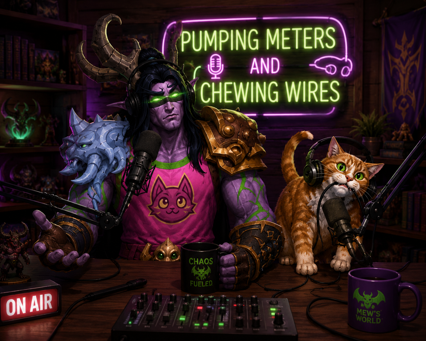 A purple-skinned humanoid with horns, wearing headphones and sunglasses, sitting in front of a microphone. He is dressed in a pink shirt with a kitty face on it, with a blue wolf emblem on his left shoulder and a gold shoulder armor. A ginger cat with green eyes, also wearing headphones, is sitting beside him with a microphone in front. The background features a neon sign saying 'Pumping Meters and Chewing Wires,' a bookshelf, and various collectibles. There is an 'On Air' sign and mugs with gaming-related text, along with gaming figurines.