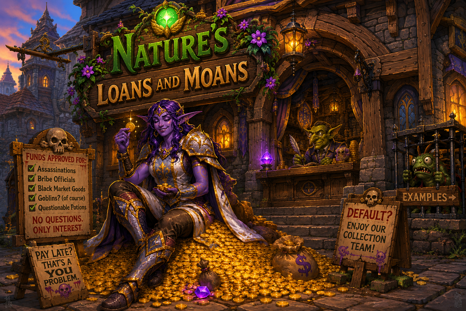 A fantasy-themed shop called 'Nature's Loans and Moans' with a purple elf woman sitting on a pile of gold coins in front, holding a coin. There are two goblin characters behind the counter, one writing and the other peering out of a cage. Signs advertise approved funds, warn about late payments, and promote a collection team. The shop is decorated with flowers, lanterns, and stone buildings in a fantasy village.