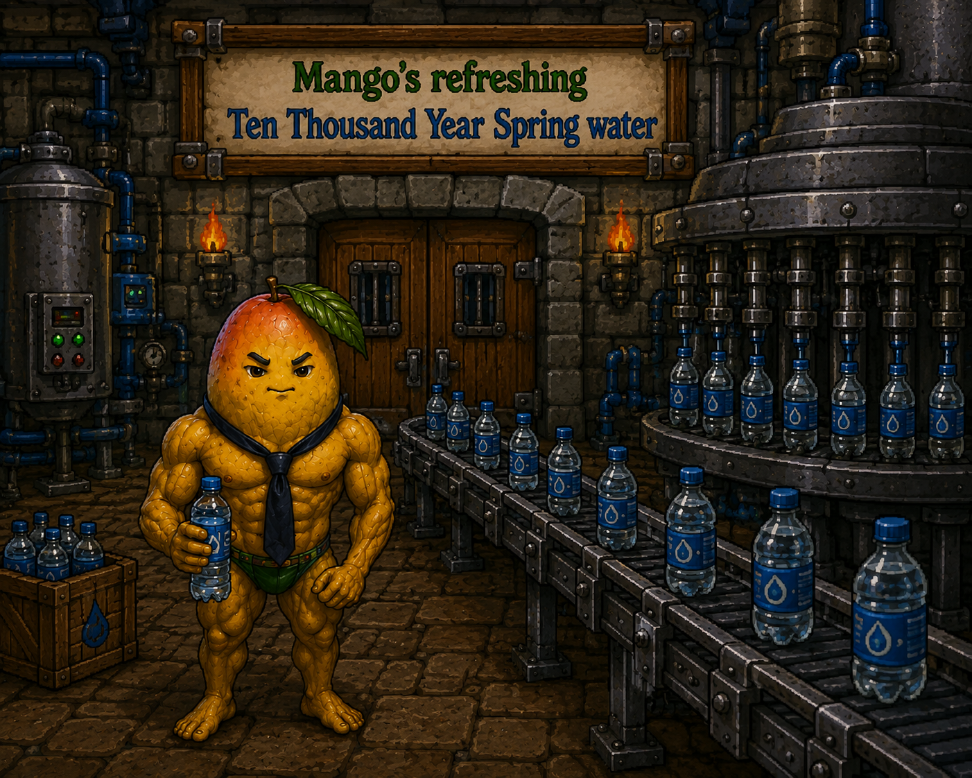 A muscular anthropomorphic mango with angry eyebrows, wearing a black tie and green underwear, standing in a factory with bottles of water. The background features industrial pipes and a sign that reads "Mango's refreshing Ten Thousand Year Spring water."