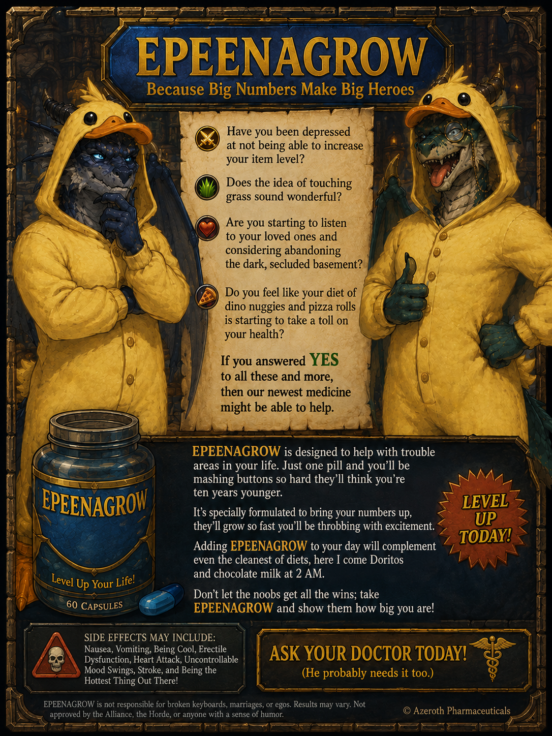 A humorous advertisement for a fictional product called EPEENAGROW, featuring two characters in yellow duck costumes with dragon features, promoting a medicine that claims to help improve various life areas and make users look younger.