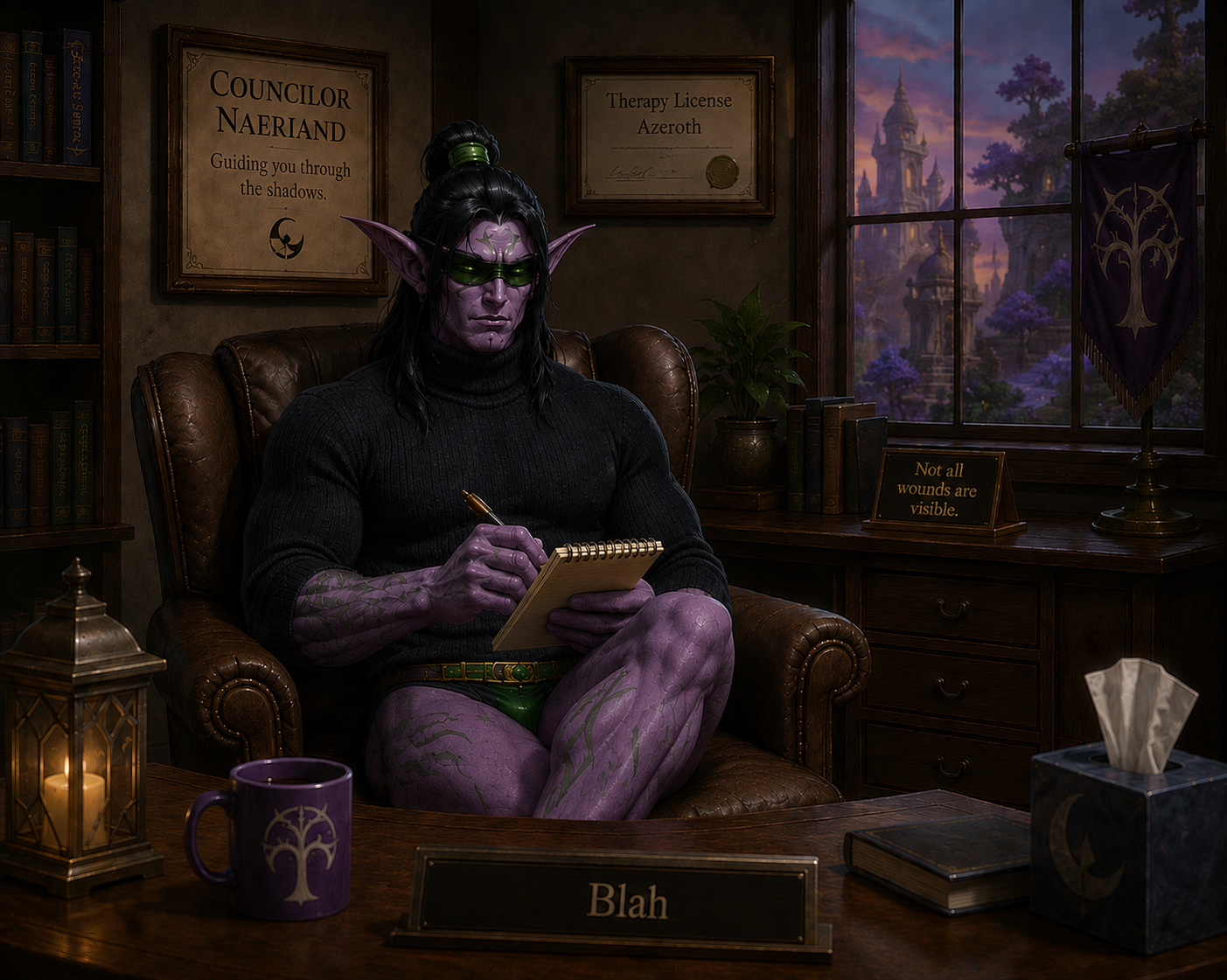 An orc with purple skin, long black hair, and green sunglasses sits in a leather chair in an office, writing on a notepad. The office has dark wood furniture, bookshelves, and a large window showing a castle and purple trees outside. There is a sign on the desk that says "Blah," a mug with a tree symbol, a lantern, a tissue box, and a framed certificate.