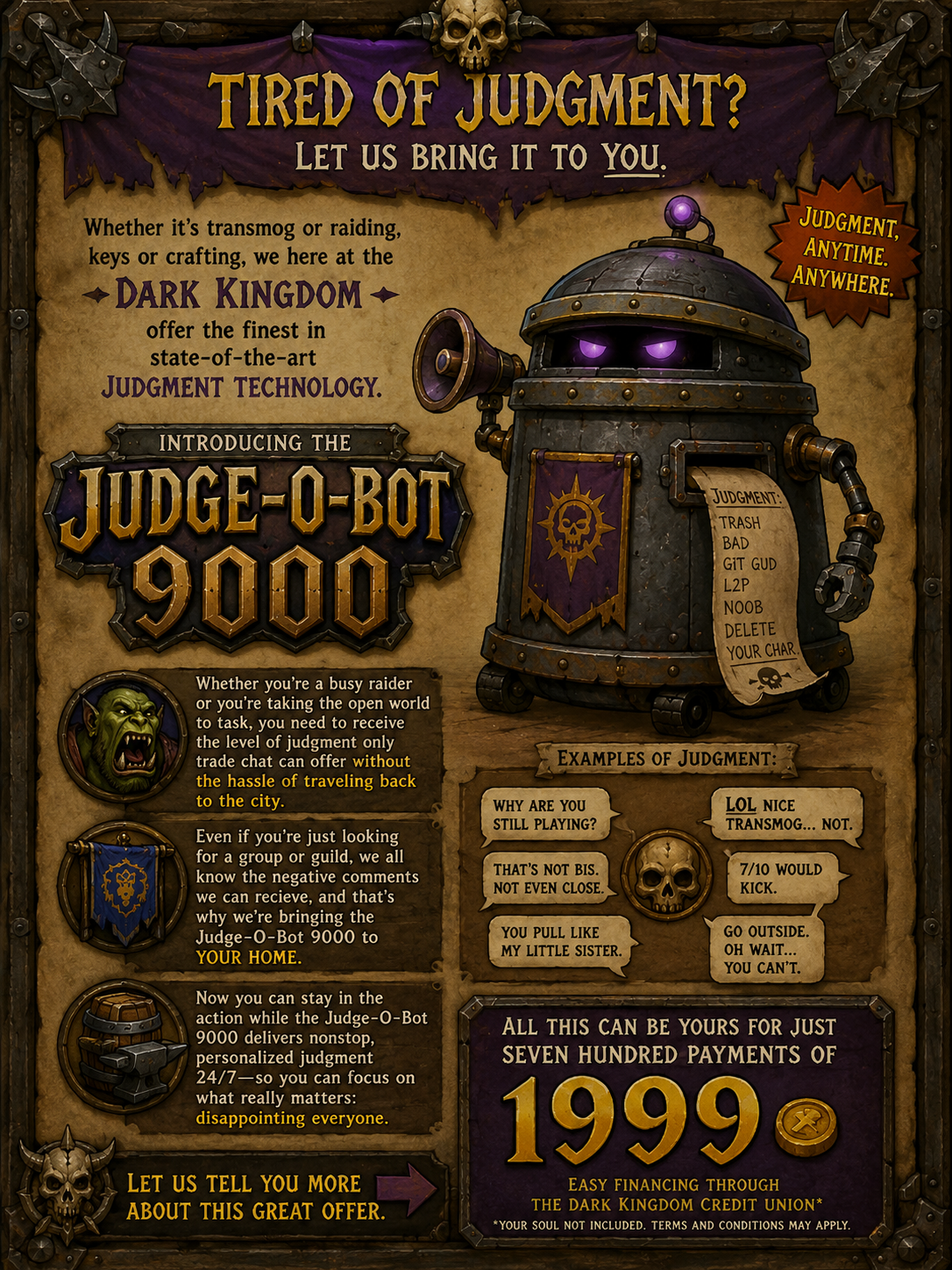 An advertisement for the Judge-O-Bot 9000, a judgment robot from the Dark Kingdom offering judgment technology. The robot has purple glowing eyes, a skull on top, and a note on its side listing judgment options. The ad describes the robot's features, benefits, and example judgments, with a price of 799.99 dollars, and mentions financing options.