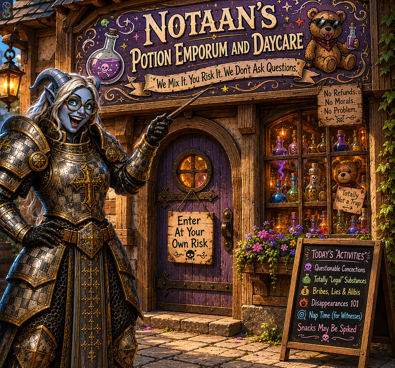 A fantasy store front named 'Notaan's Potion Emporium and Daycare' with a dark purple door and a sign that reads 'Enter At Your Own Risk.' A smiling female character with gray skin, long white hair, glasses, and black and gold armor stands outside, holding a wand. The store features shelves with colorful potion bottles, a stuffed teddy bear with a sign that says 'Totally Not a Trap,' and a blackboard listing activities with spooky themes.