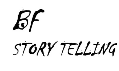 Text reading 'BF STORY TELLING' in black, stylized handwriting on a white background.