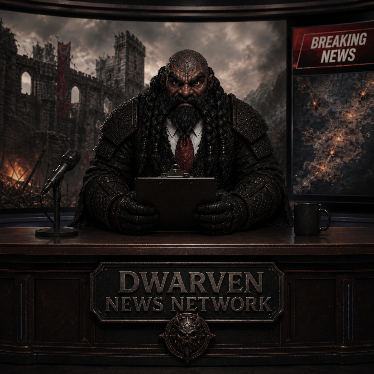 A fantasy warrior with braided hair and beard, dressed in dark armor, appears on a news broadcast at a news desk labeled Dwarven News Network. The background shows a castle under attack with fire and smoke, and a sign reading 'Breaking News' is visible on a screen to the right.