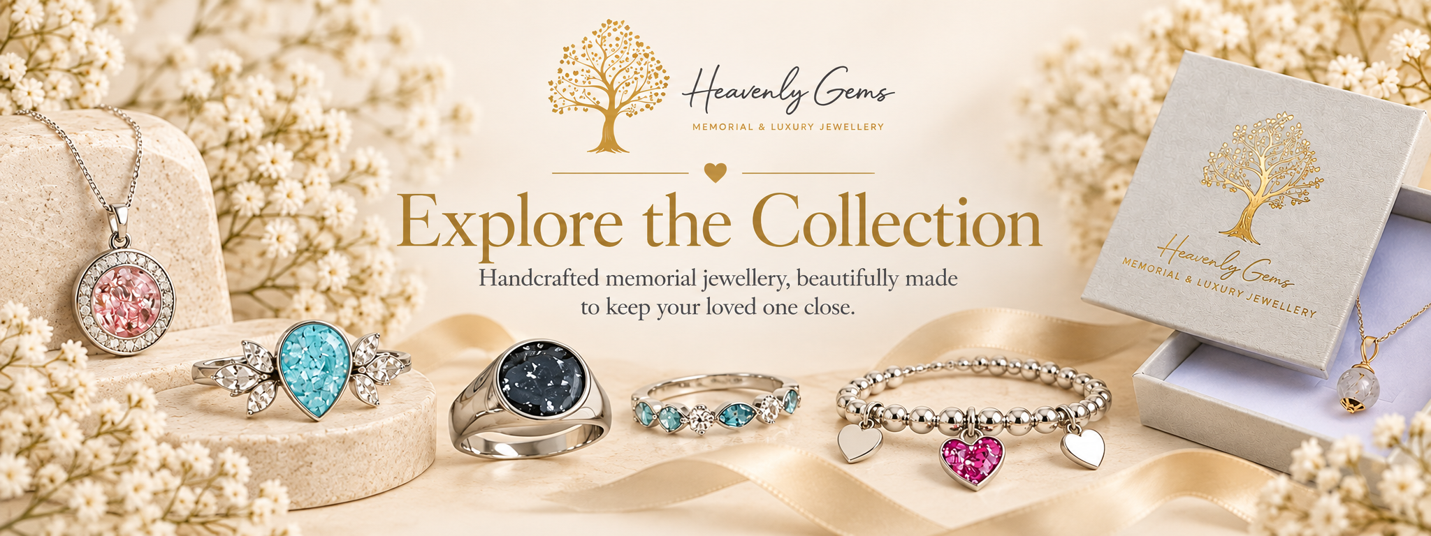 Heavenly Gems memorial jewellery collection featuring rings, a pendant necklace, charm bracelet and branded jewellery box on a cream floral background.