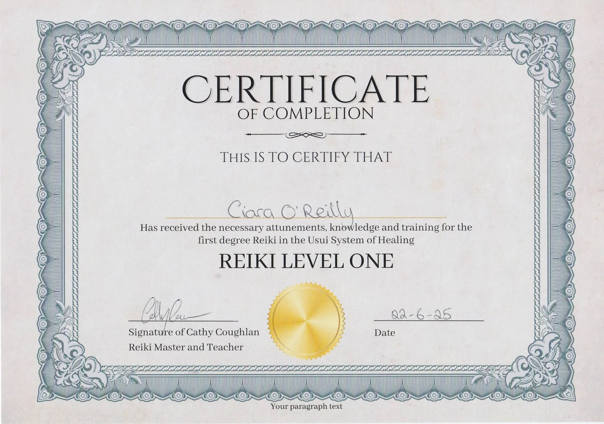Reiki Level 1 Certificate