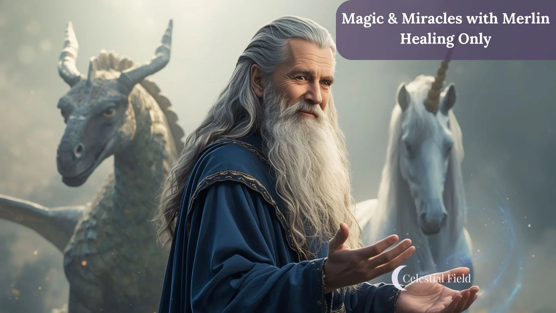 An older man with long gray hair and a beard, dressed in a blue cloak, stands with hands raised as blue magical energy emerges from them. Two unicorns, one with a single horn and the other with a large antler-like horn, stand behind him in a foggy, mystical forest scene. Text overlay reads 'Magic & Miracles with Merlin Healing Only' and in the lower corner, 'Celestial Field.'