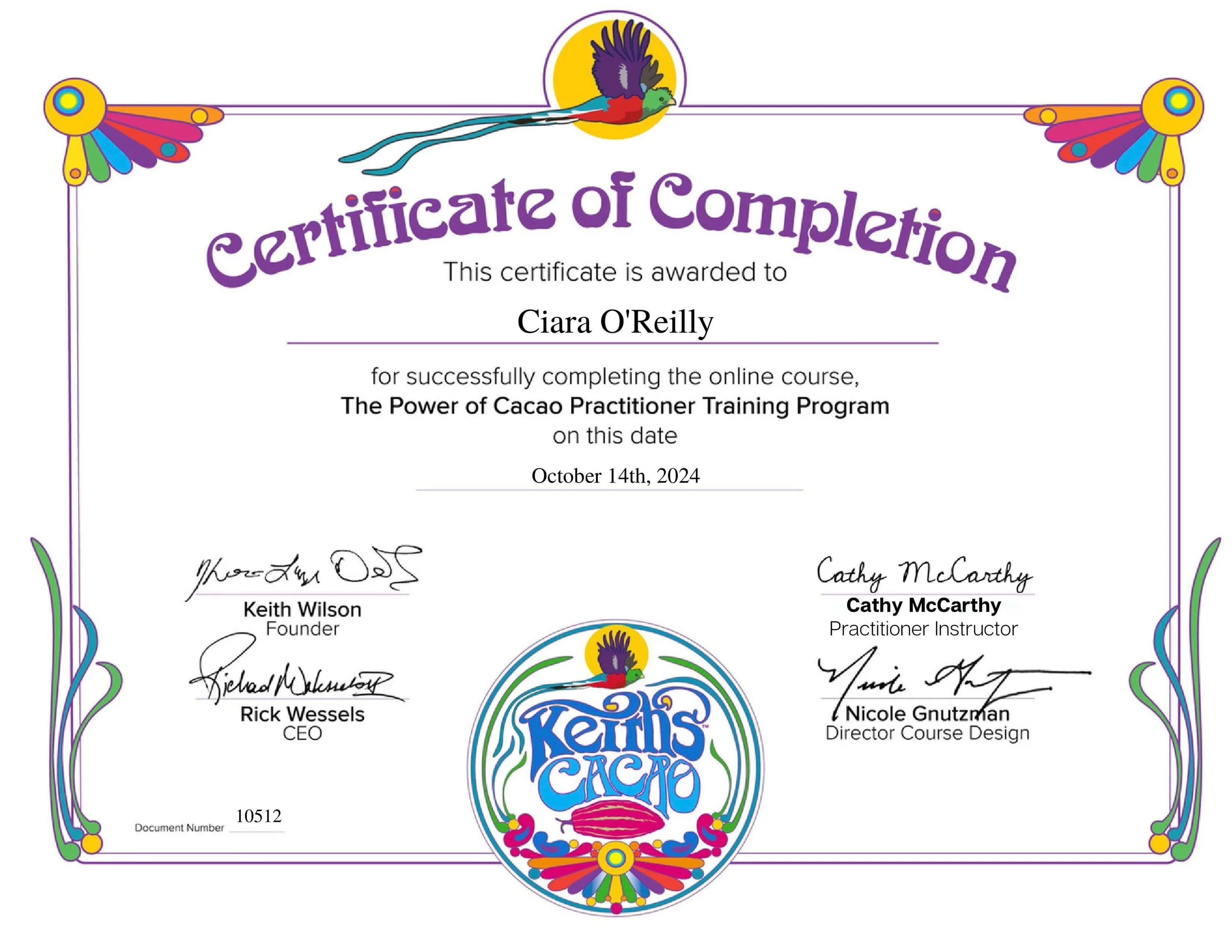 Keith's cacao practitioner certificate