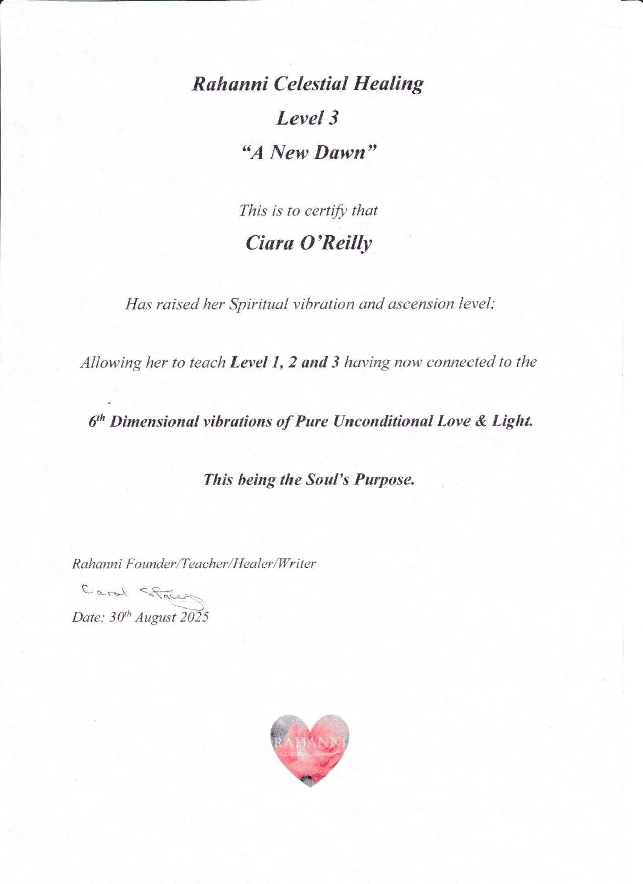 Rahanni Level 3 Certificate