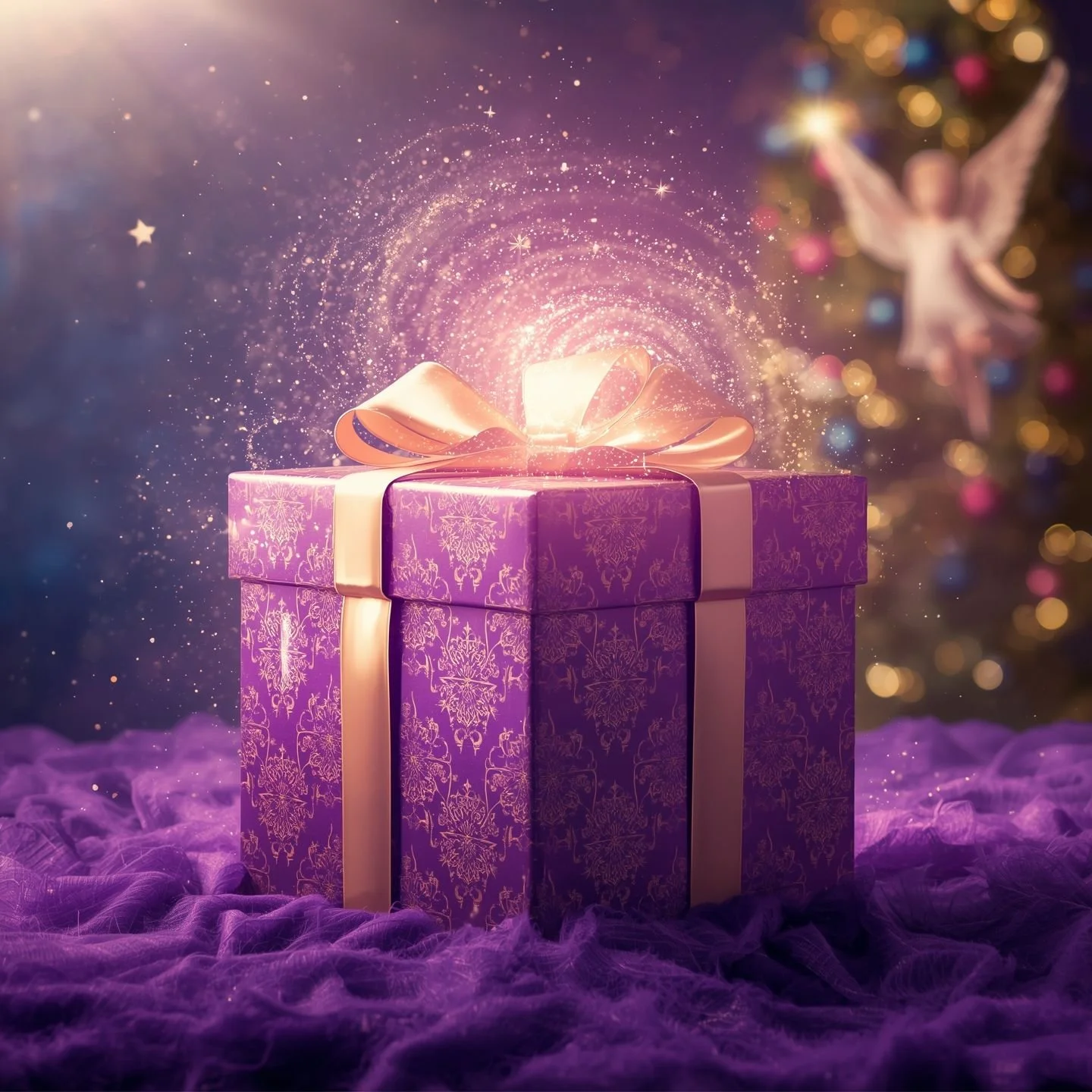 A beautifully wrapped purple Christmas gift with gold snowflake patterns and a large gold ribbon, sitting on purple fabric, with a glowing sparkle effect and a Christmas tree with ornaments and a hanging angel in the background.