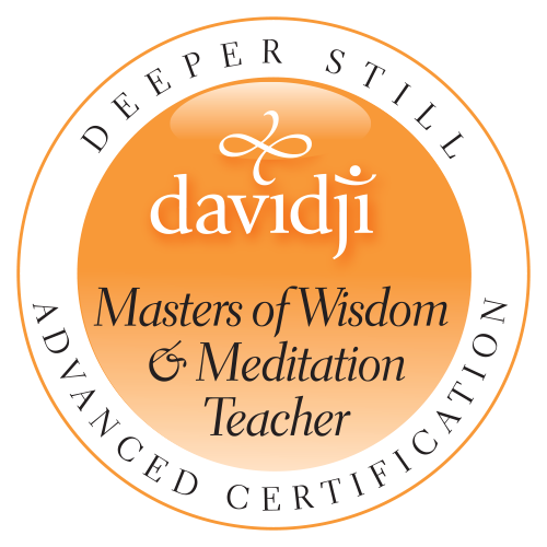 Seal with an orange background and black and white text reading 'Deeper Still, davidji, Masters of Wisdom & Meditation Teacher, Advanced Certification'.