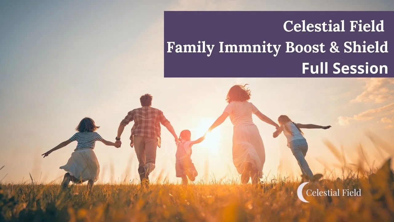 A family of five holding hands and running in a field at sunset, with a purple banner in the top right corner that says 'Celestial Field Family Immunity Boost & Shield Full Session' and a small logo in the bottom right corner.