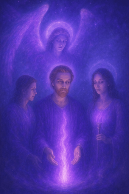 A mystical scene with a central male figure and two women on either side, all surrounded by purple and blue cosmic energy. An ethereal face appears above them within the celestial background.