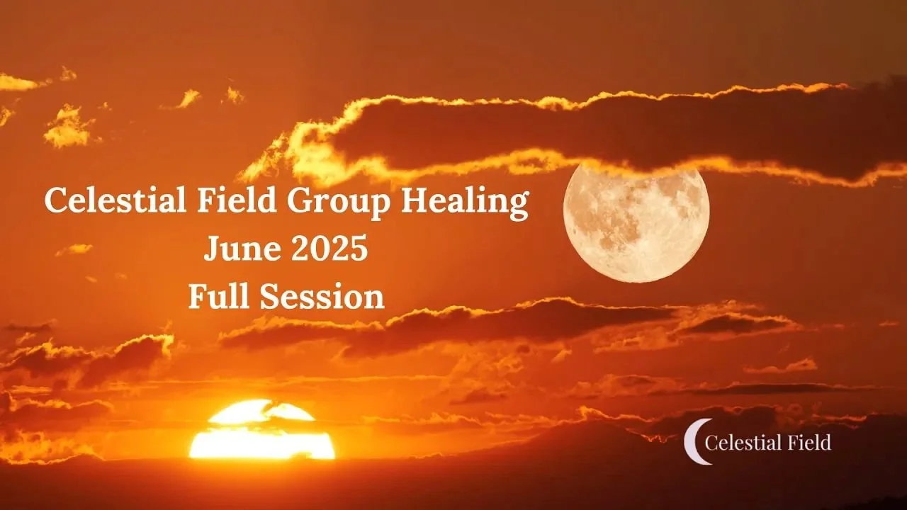 Sunset with clouds, full moon, and a dark silhouette of land, promotional text for Celestial Field Group Healing June 2025 Full Session.