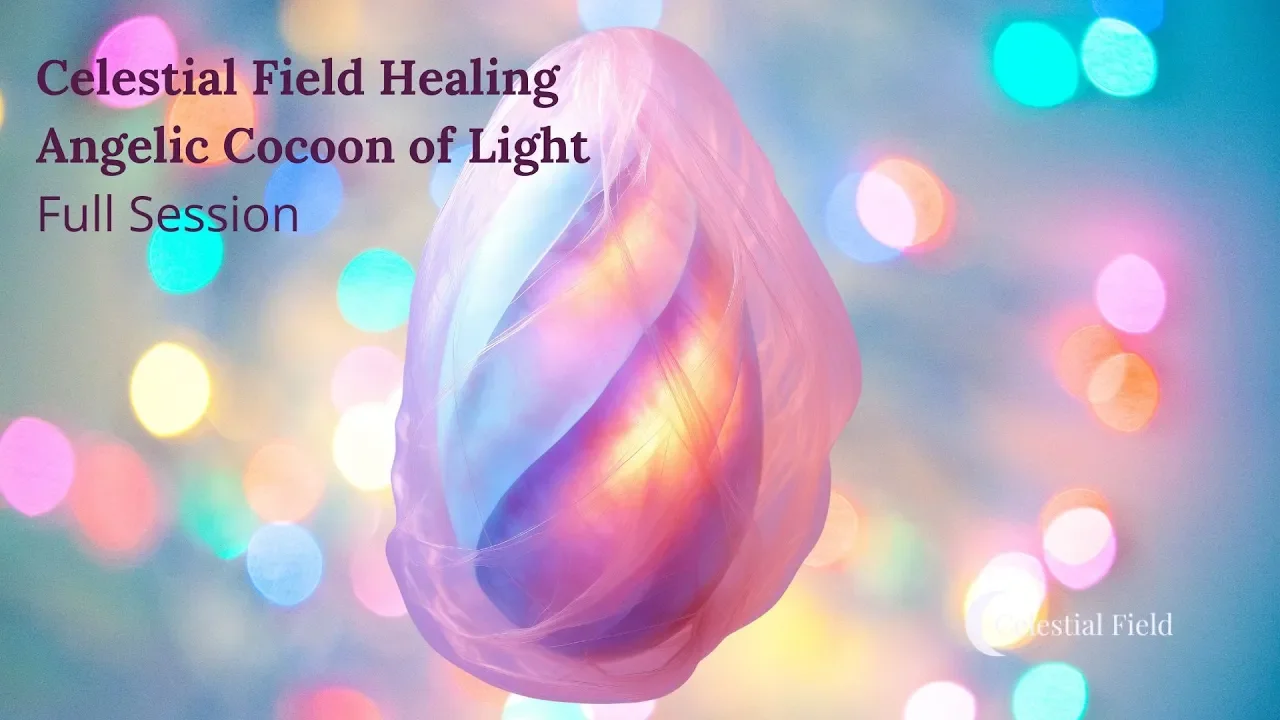 A colorful, abstract, glowing cocoon or shell with pastel pink, purple, and blue hues, set against a background of blurred multicolored bokeh lights. Text on the image reads "Celestial Field Healing, Angelic Cocoon of Light, Full Session."