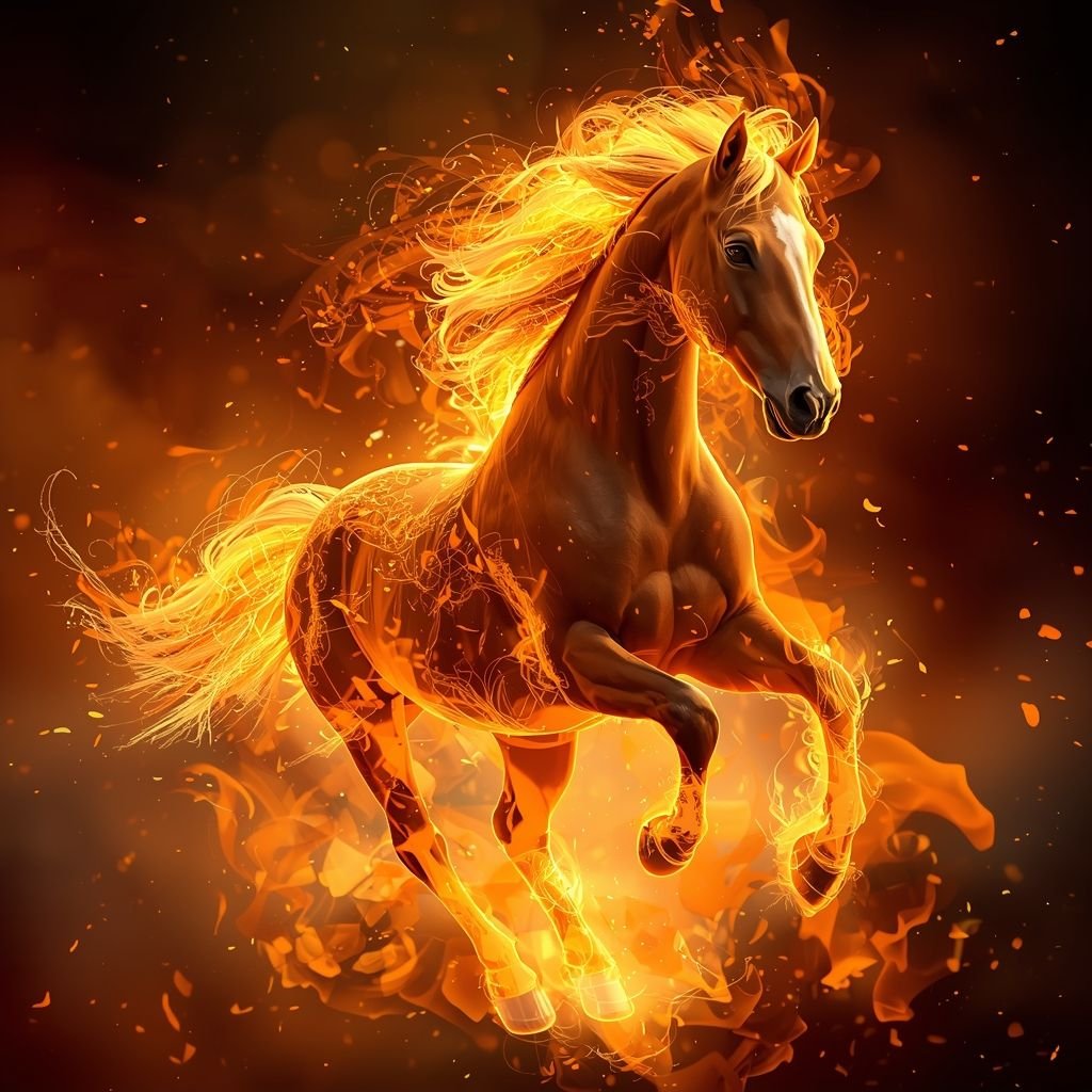 A fiery, glowing horse with a mane and tail made of flames, running through a dark, fiery background.
