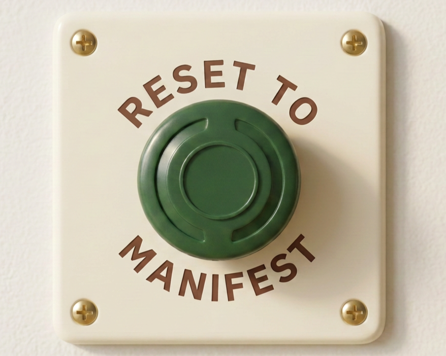 A white wall-mounted device with a large green button and the words "RESET TO MANIFEST" written around it, four screws in each corner.