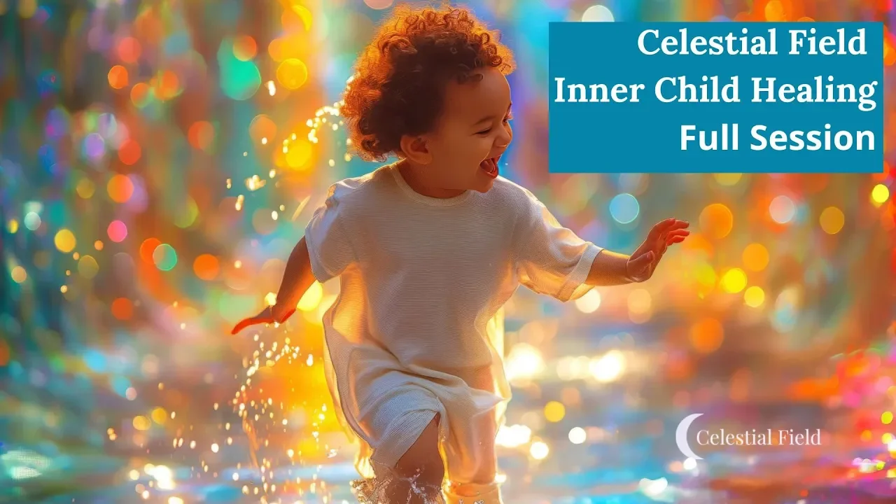 A young child laughing and playing in water with colorful, bokeh lights in the background, promoting a full-session inner child healing event at Celestial Field.