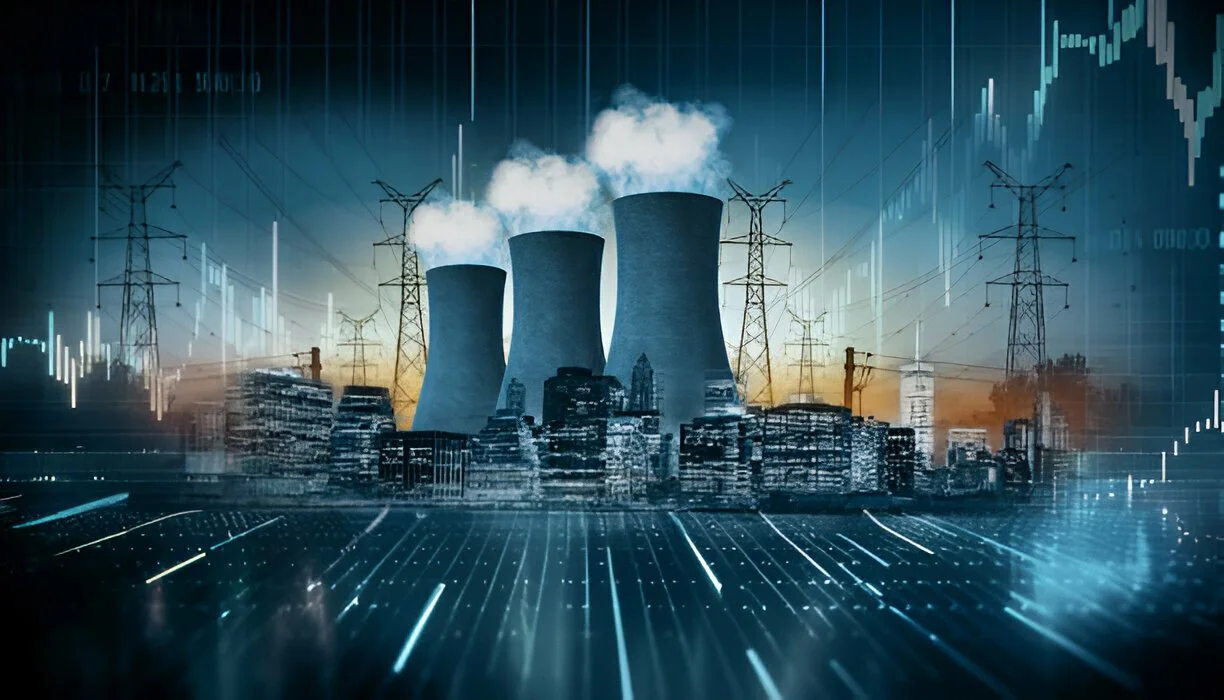 Futuristic cityscape with cooling towers, power lines, and stock market graphs.