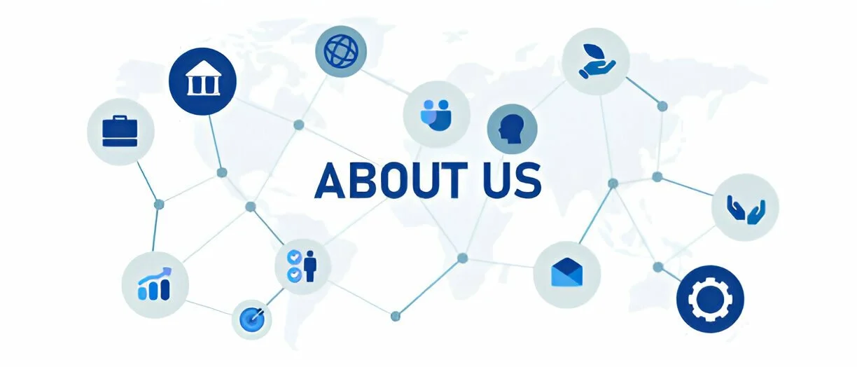 "About Us" text surrounded by business-related icons on a global map background, including symbols for growth, connectivity, support, and protection.