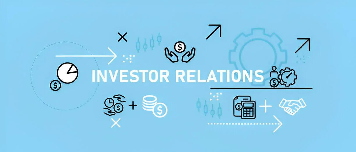 Illustration of "Investor Relations" with financial icons, including charts, currency symbols, and gears, on a blue background.