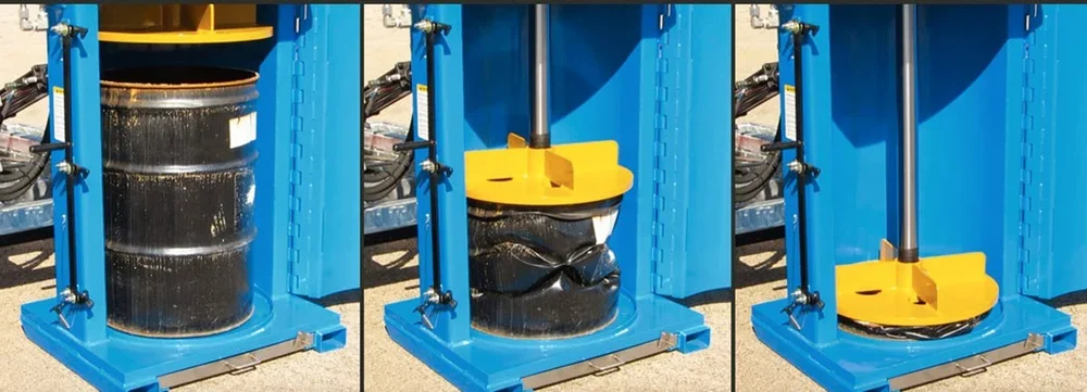 Sequence of three images showing a barrel being compressed in a hydraulic press.