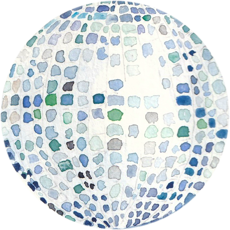 Close-up of a colorful mosaic or glass art piece with shades of blue, green, gray, black, and purple arranged in a circular pattern.