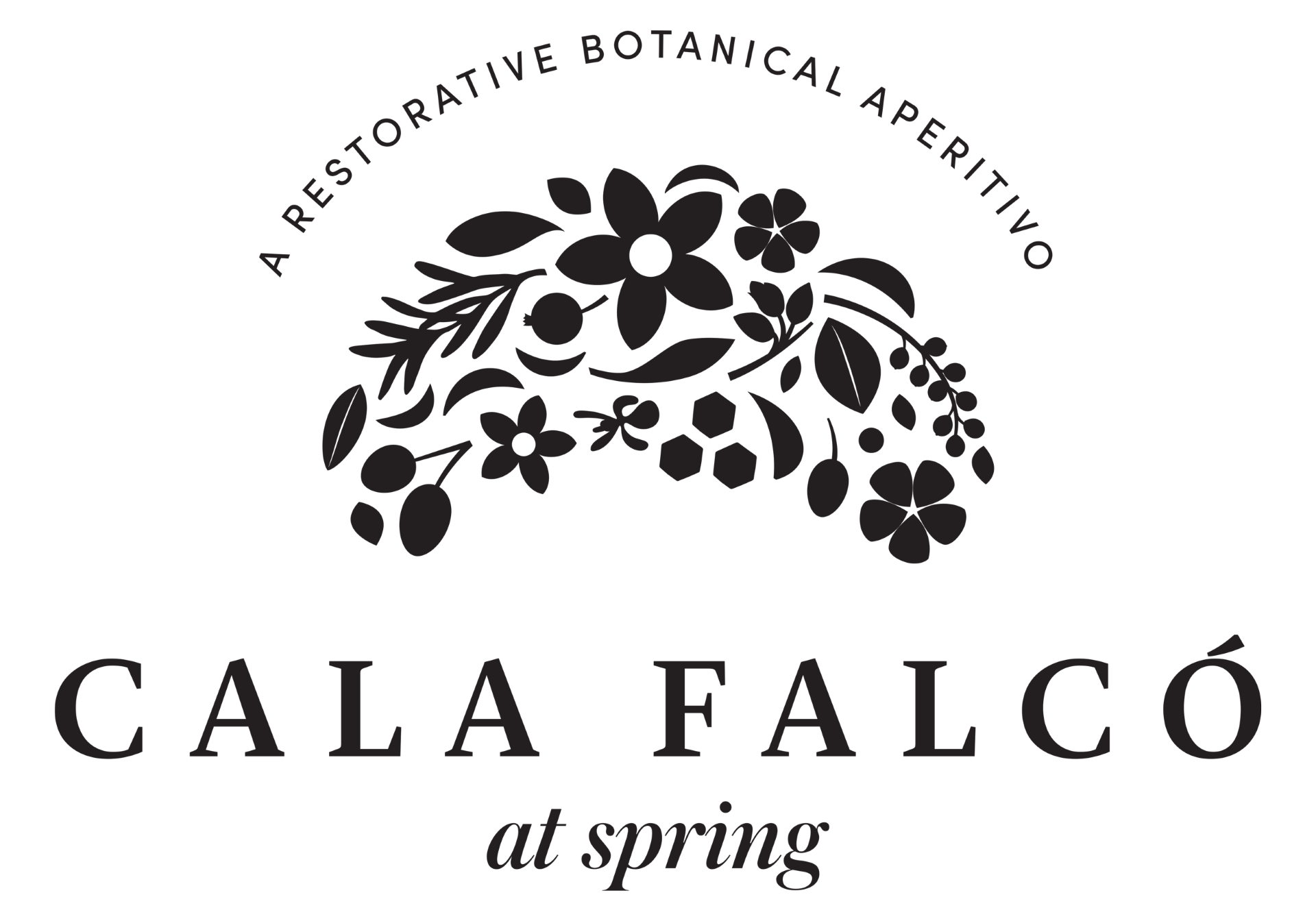 Logo for Cala Falco, a restaurant and botanical apéritivo, features floral and botanical illustrations with the text 'Cala Falco at spring'.