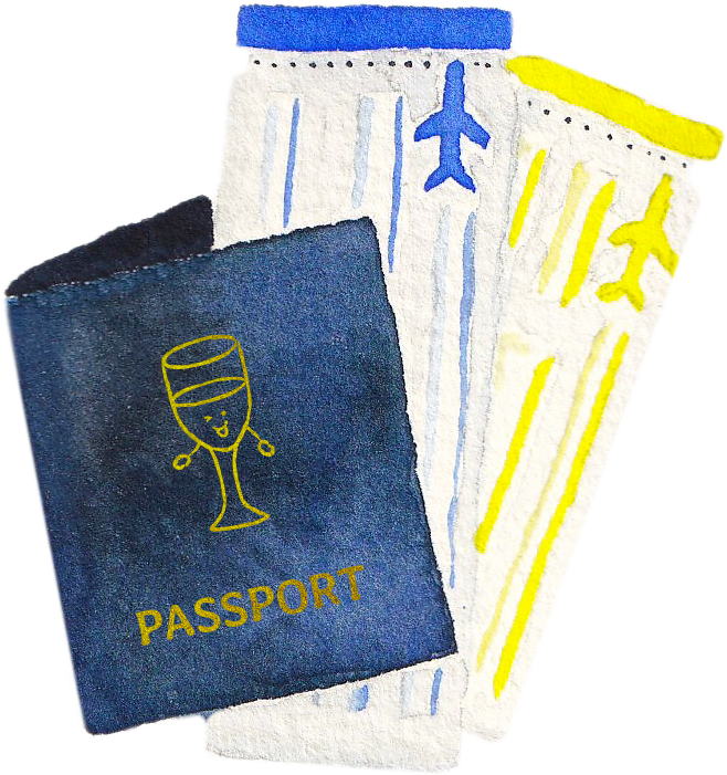 A watercolor illustration of a passport featuring a wine glass smiley face, and two boarding passes with blue and yellow airplane symbols.