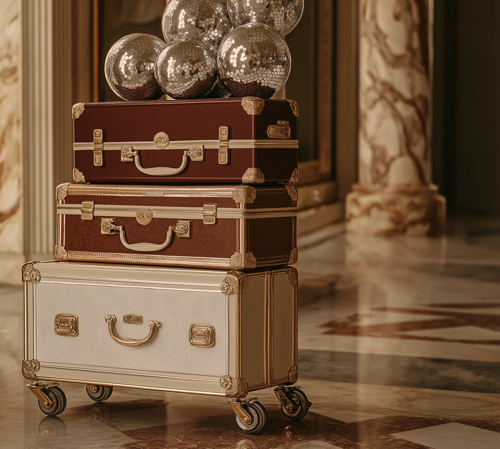 A stack of three vintage suitcases on a small wheeled cart, with metallic disco balls on top, in a luxurious marble-floored interior.