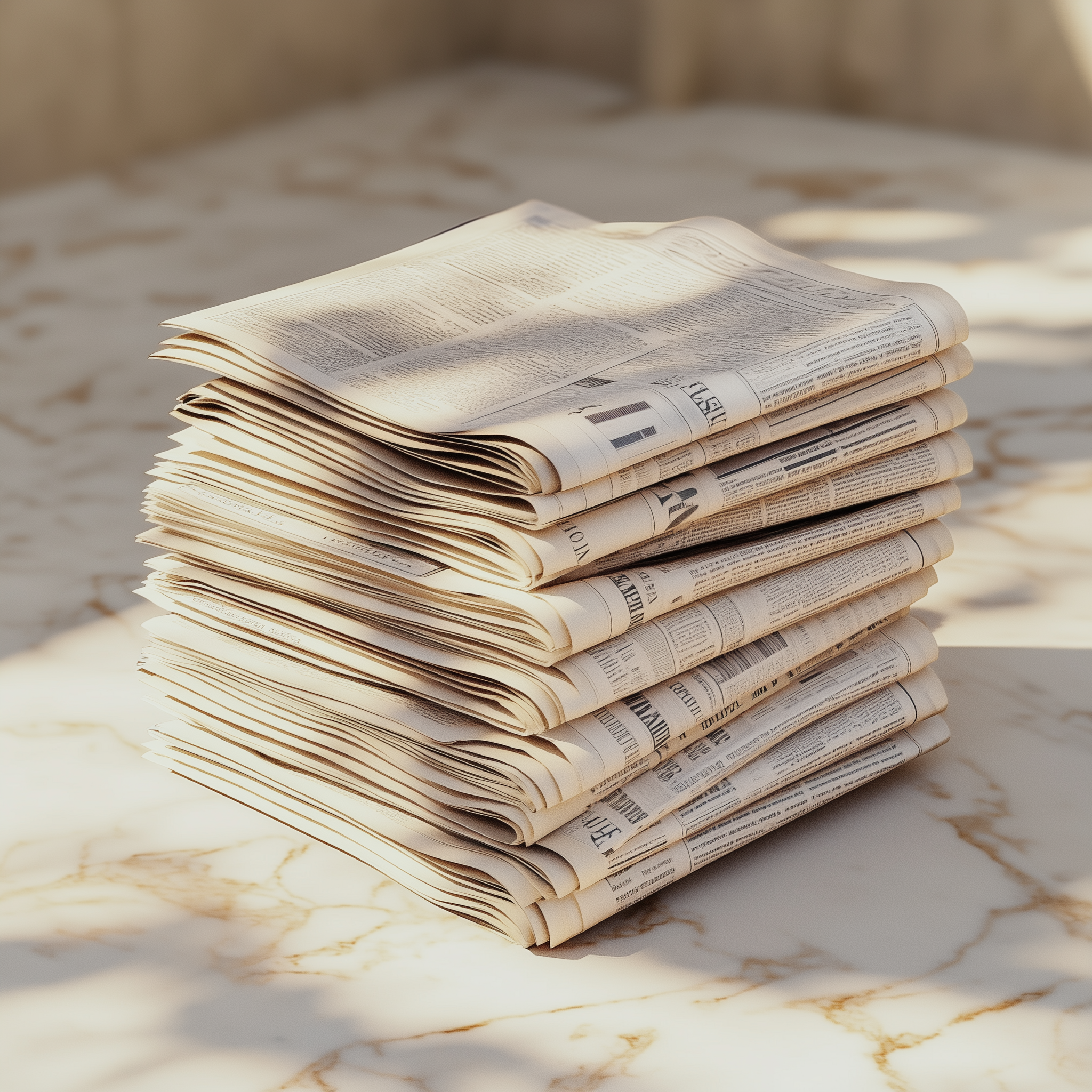 A stack of folded newspapers placed on a marble surface with sunlight casting shadows.