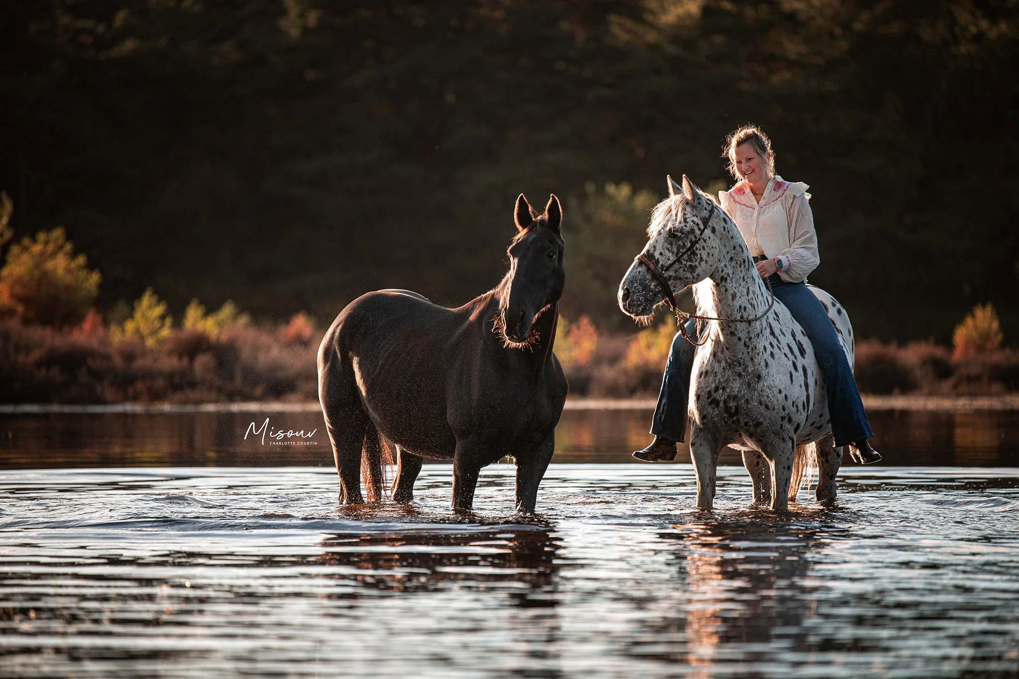Person riding a white and black speckled horse in shallow water alongside a black horse, with a natural backdrop.