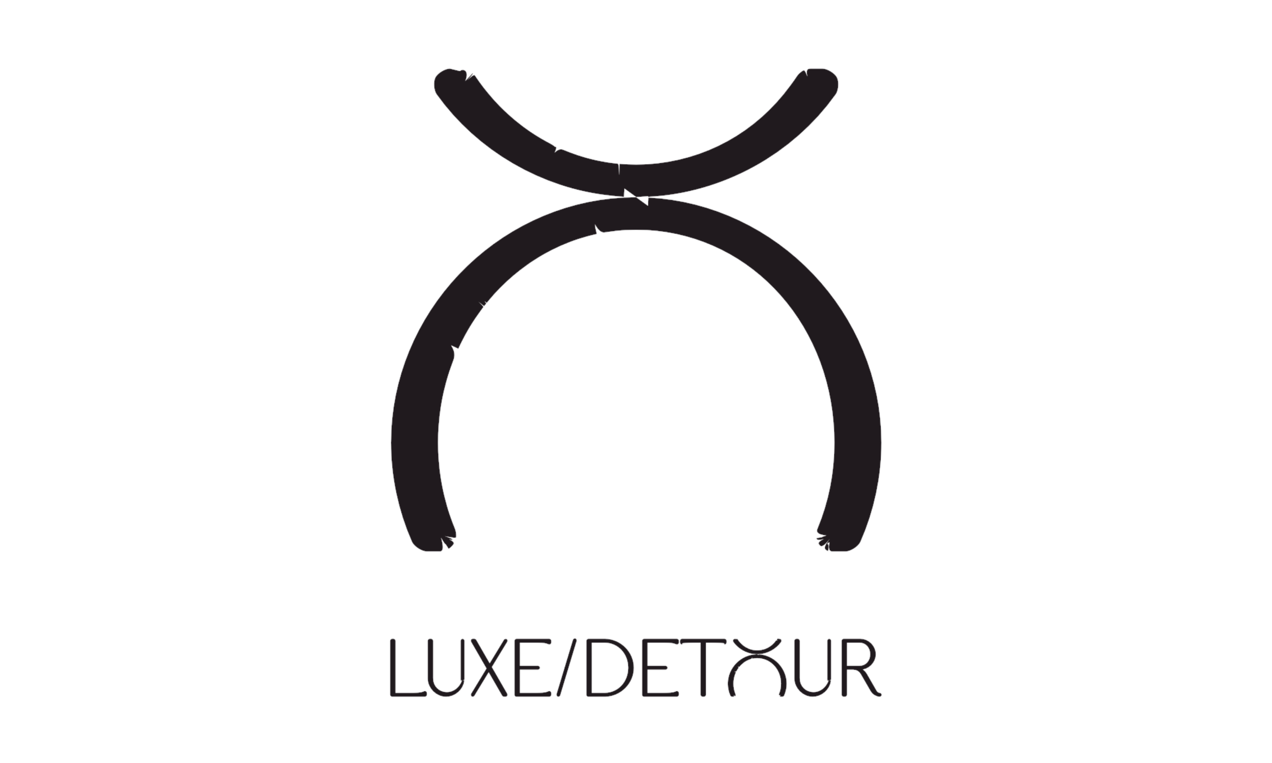 Logo of Luxe/Detour with abstract symbol resembling a bent line and a circle, set above the brand name text."}