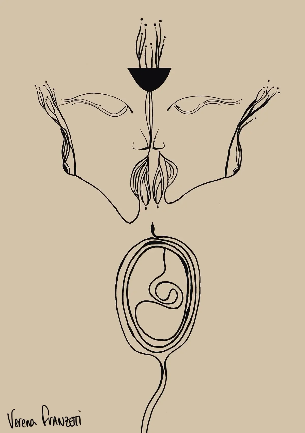 Gemini peinture intuitive Verena Franzetti Collection Ligne. Deux visages abstraits se regardent et donne naissance avec leur bouge à un embryon cosmic