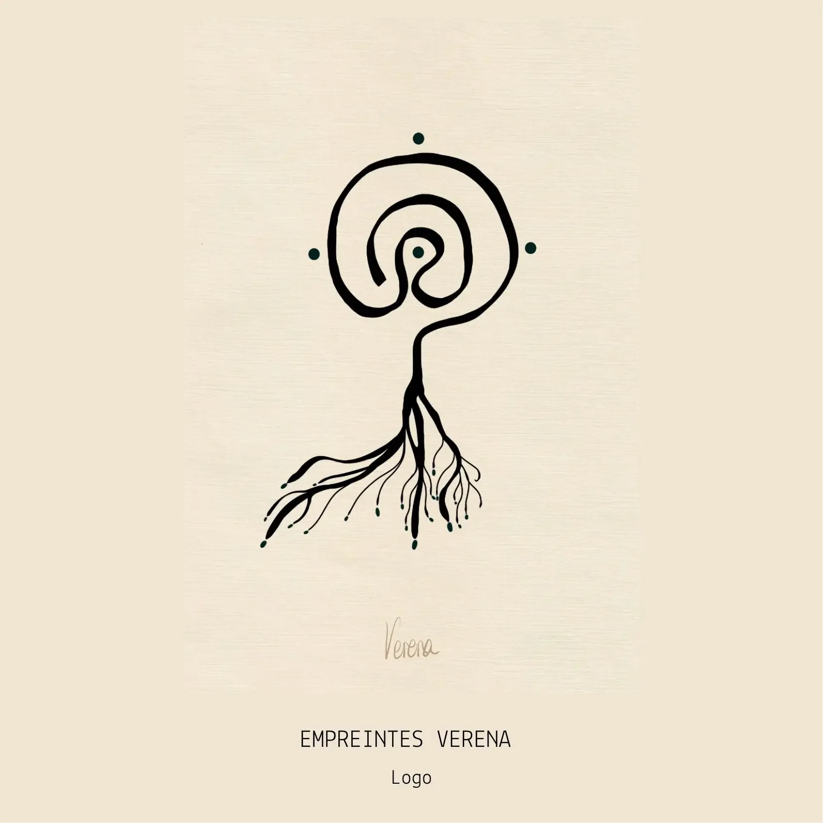Verena Franzetti Artiste intuitive.branding design. Logo minimaliste représentant une spirale stylisée avec des racines s'étendant vers le bas, en noir sur un fond beige clair. 
