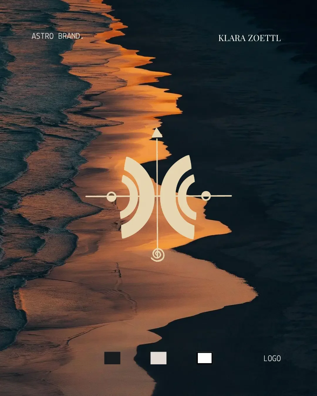 Une image présentant une vue aérienne d'une plage au coucher du soleil avec des vagues. Il y a des textes disant 'ASTRO BRAND' à gauche et 'KLARA ZOETTL' à droite, un graphique stylisé au centre, et une légende indiquant des couleurs noire, blanche, 