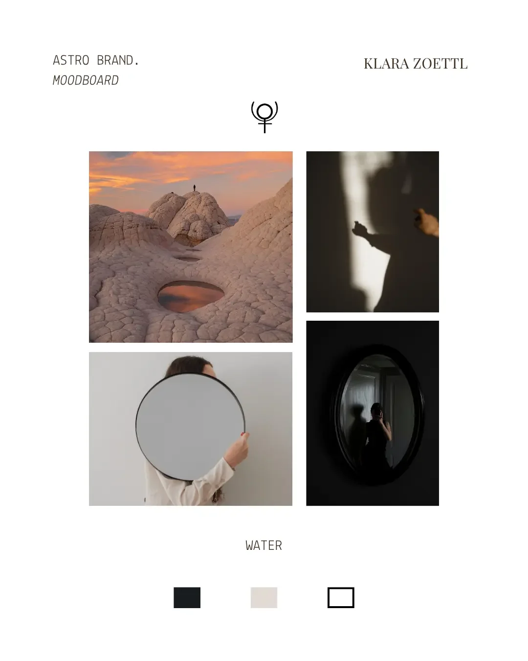 Moodboard avec images de montagnes rocheuses au coucher du soleil, une personne tenant un miroir rond, un reflet dans un miroir noir, un symbole astrologique pour le Water, et une palette de couleurs noir, beige, blanc.