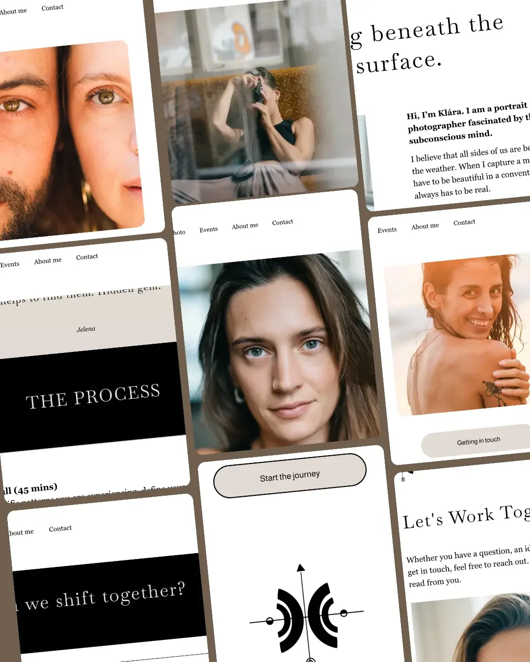 Collection de plusieurs captures d'écran affichant des portraits de femmes, des textes en anglais, et des éléments de design de site web ou portfolio, avec quelques sections de texte comme "Start the journey" et "Getting in touch".
