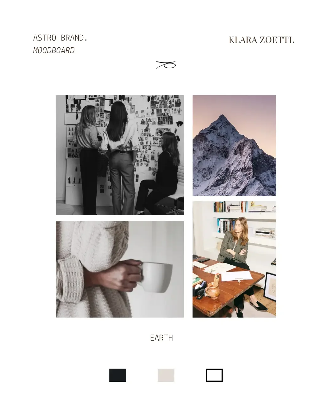 Moodboard avec images monochromes en noir et blanc de trois personnes discutant devant un mur couvert de photos, une photo colorée d'une montagne enneigée, une photo d'une femme assise à un bureau et une autre de mains tenant une tasse. Palette de co